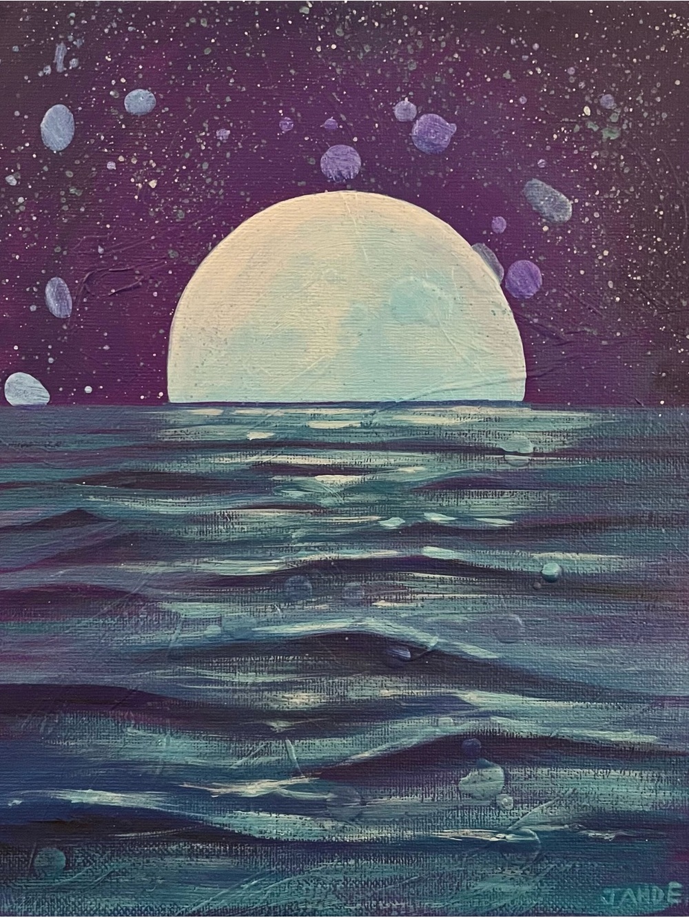Turquoise & Purple Moonlit Seascape Wall Art Original Painting by JahdeArt 8x10